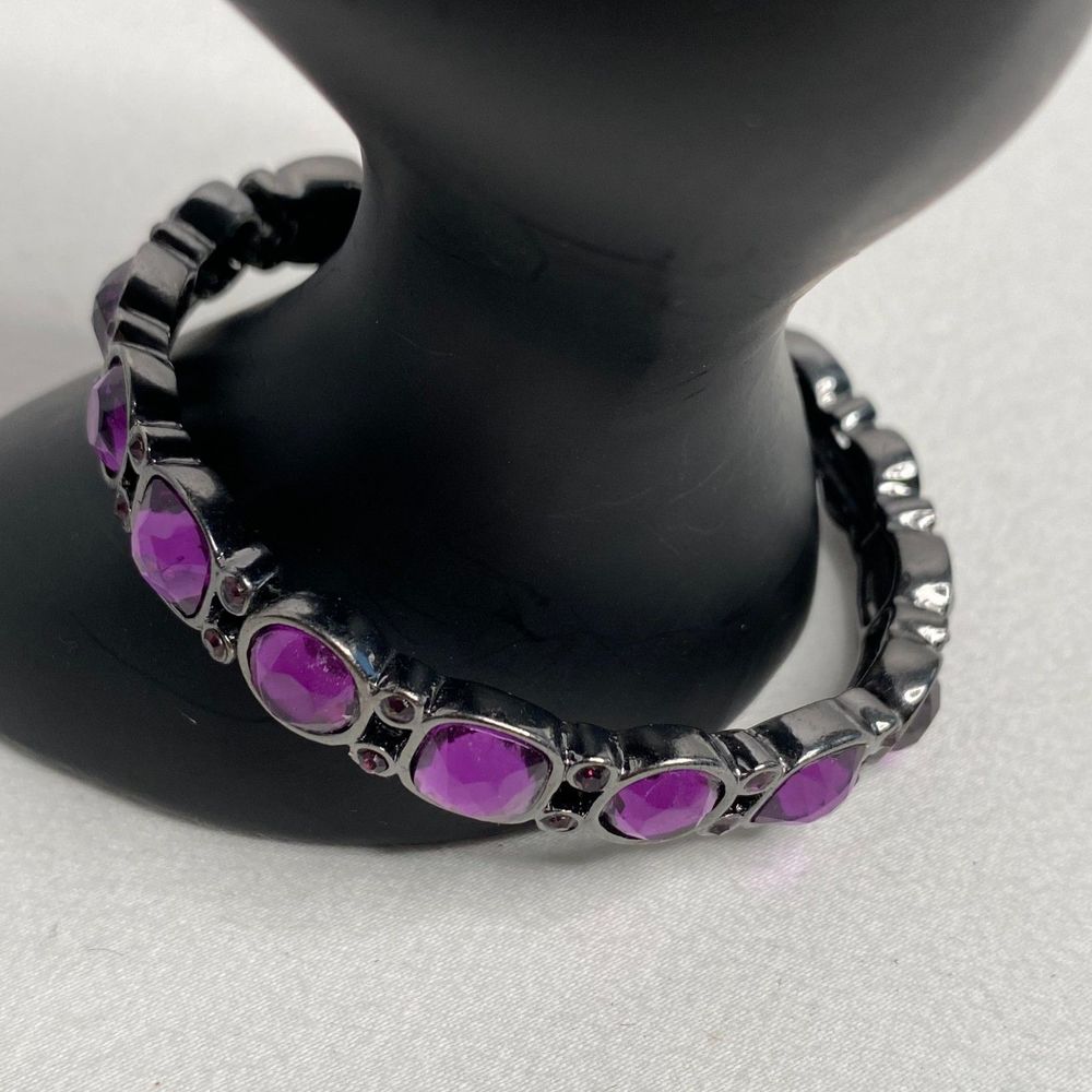 💎Stretch Bracelet Gunmetal Links With Purple Square And Round Accent Rhinestones